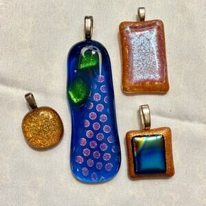 Art Glass Dichroic Pendants 4 Abstract Shimmer Gold Blue Handmade Jewelry Charms